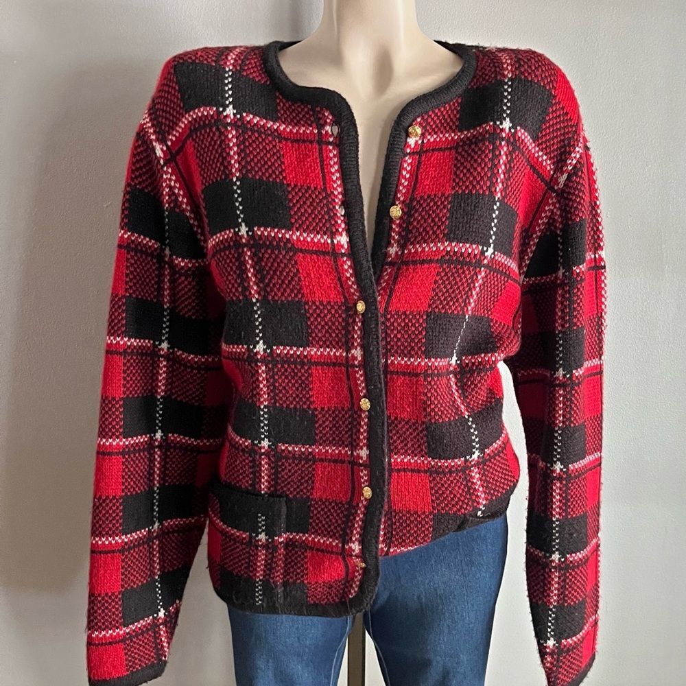 Vintage 90s Red Tartan Plaid Cardigan Gold Button Grandpa Sweater M